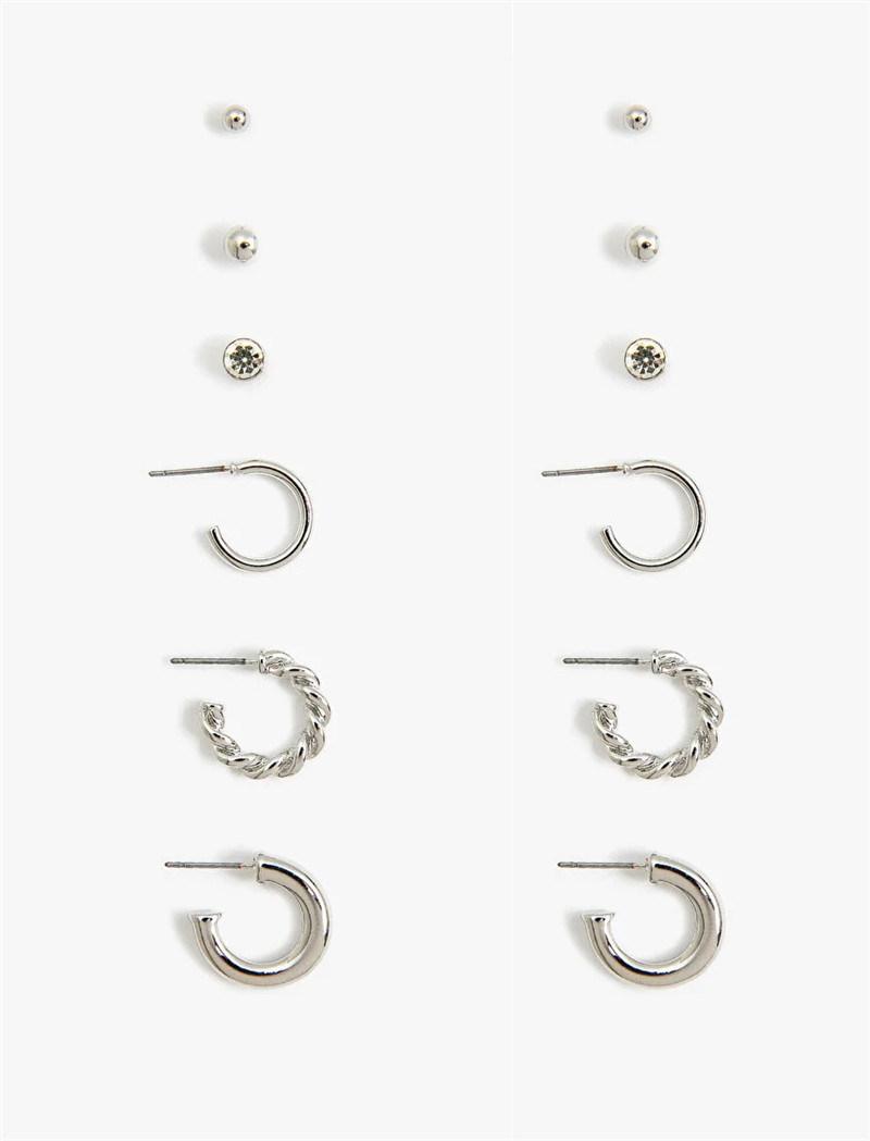 Manufacture Basic 6 Pairs Stud and Hoop Multı Ple Earings with Crystal Glass Stone and Metal Ball Earring