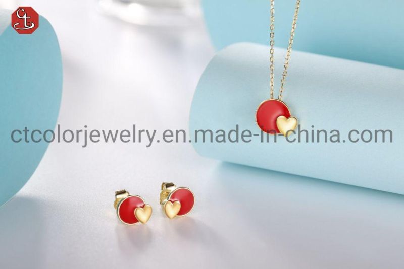 Wholesale 925 silver Gold plated Pendant Necklace Jewelry with Red Enamel Heart for Women