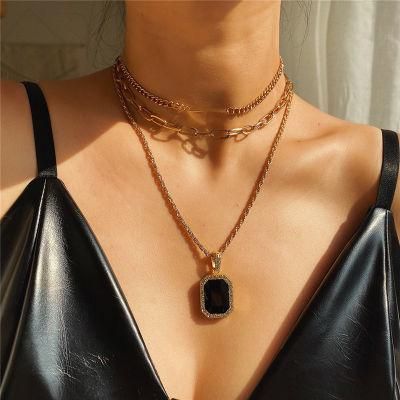 Manufacture Multiple Row Choker Necklace Black Square Stone Pendant Necklace Smooth Bar and Chain Layered Choker Necklace for Women