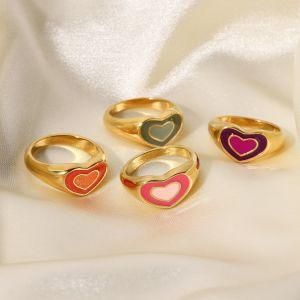 High End Wholesale Custom Non Tarnish Free Waterproof Jewelry 18K Gold Plated Stainless Steel Big Signet Chunky Heart Ring
