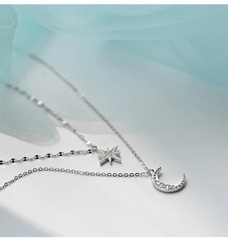 Fashion Silver Color Star Moon Double Necklace Women′s Clavicle Chain Fashion Jewelry
