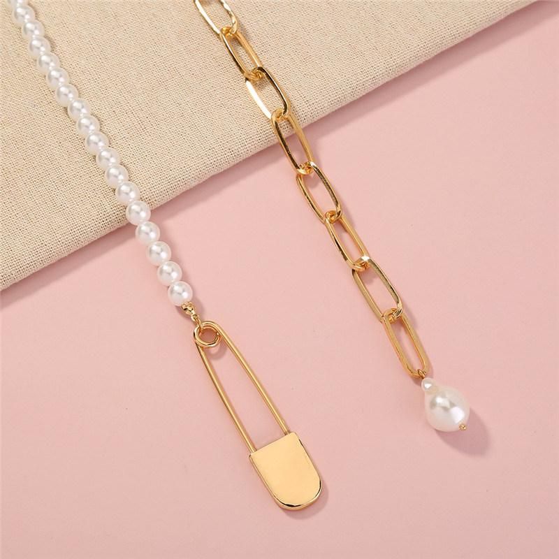 Manufacture New Design Hip Hop Statement Jewelry Safety Pin Pearl Oval Link Chain Ot Clasp Paperclip Necklace for Fashion Jewelry Gift