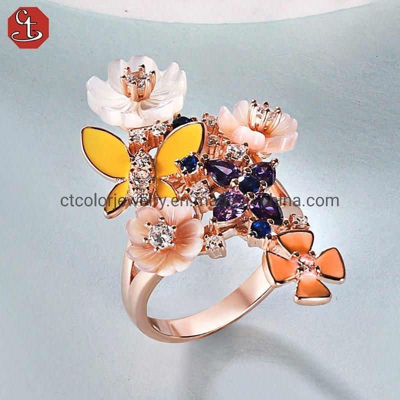 Sell like hot cakes rose rhodium 925 silve jewelry mop fiower ring