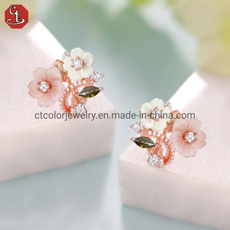 New Jewelry White cz,Pink and White MOP Flower Rose plated Earrings