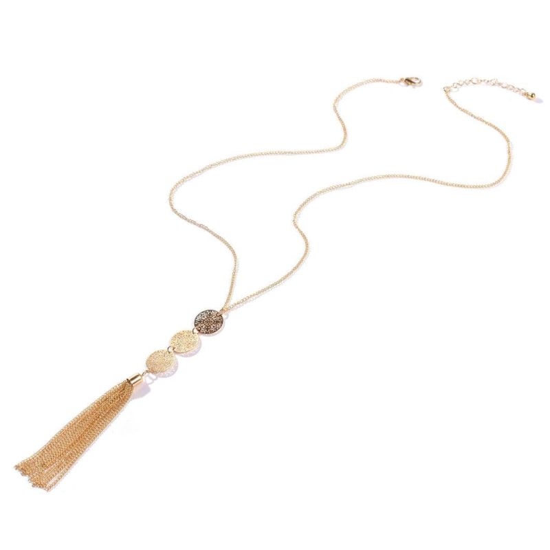 Retro Fashion Jewelry Alloy Gold Plated Geometric Round Piece Long Necklace with Tassel Pendant