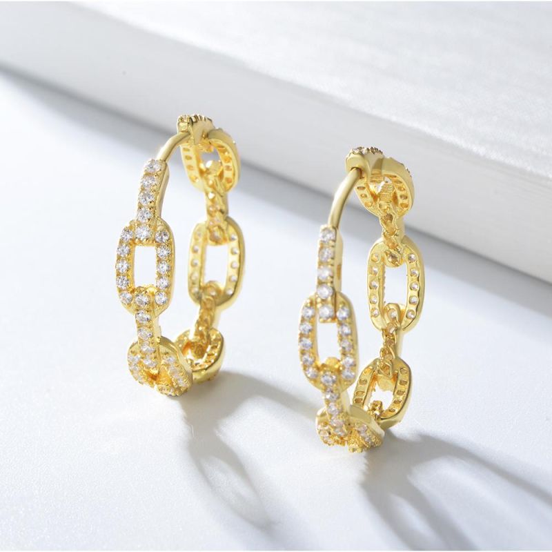 Fashion Gold Plated Link Chain Pave CZ 925 Sterling Silver Hoop Women Earrings Gold Vermeil Jewelry