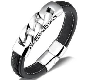 Vintage Men Jewelry Punk Black Geunine Leather Bracelet Stainless Steel Magnetic Buckle Fashion Bangles