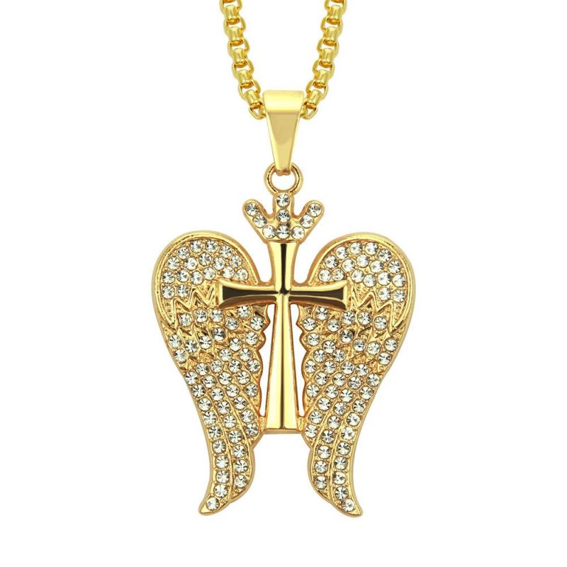 Fashion Mens Gold Angel Wings with Cross Shape Pendant Necklace