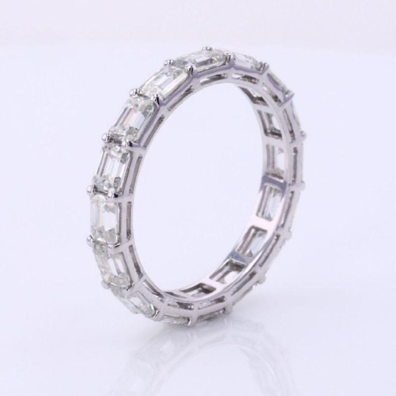 Rectangle Shape Moissanite Emerald Cut Full Eternity White Gold Plated Moissanite Ring