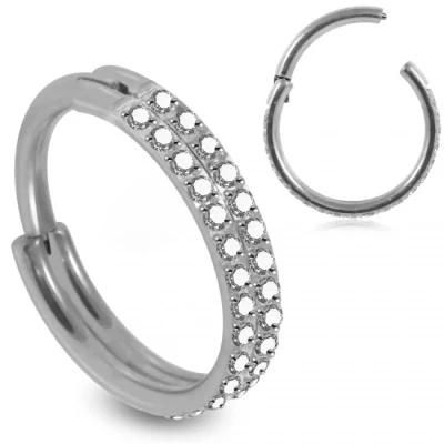 ASTM F136 Titanium 2 Line CZ Stone Prong Set Nose Piercing Hinged Segment Ring