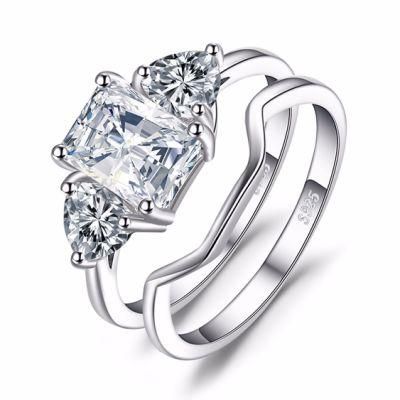Emerald Cut Cubic Zirconia 3 Stone Anniversary Promise Wedding Band Engagement Rings Bridal Sets Silver Jewelry