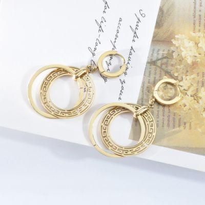 Stainless Steel Gold Plated Double Circle Buckle Earring Simple Chinese Hollow The Great Wall Pattern Round Drop Hoop Earrings