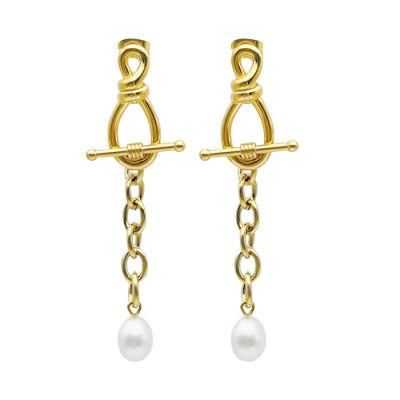 New Design Stainless Steel Gold Plated Non Allergic Freshwater Pearl Earrings Double Wearing Method Earrings for Ladies