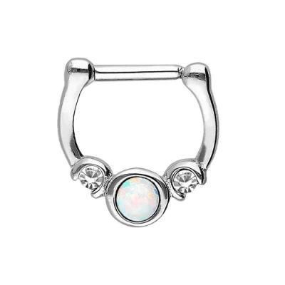 316L Surgical Steel Septum Clicker Nose Ring Body Piercing 2 Crystals with 3mm Opal