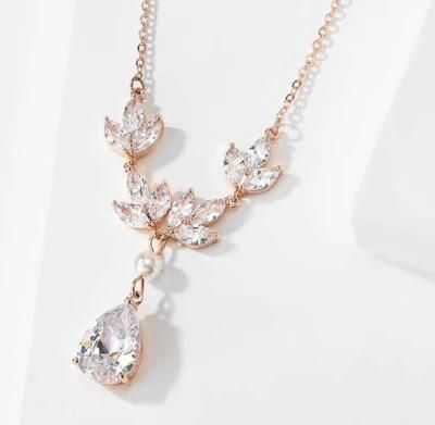 Wedding CZ Necklace Jewelry Set, Bridal Cubic Zirconia Pearl Earring Necklace Jewelry, Rose Gold Earring Necklace