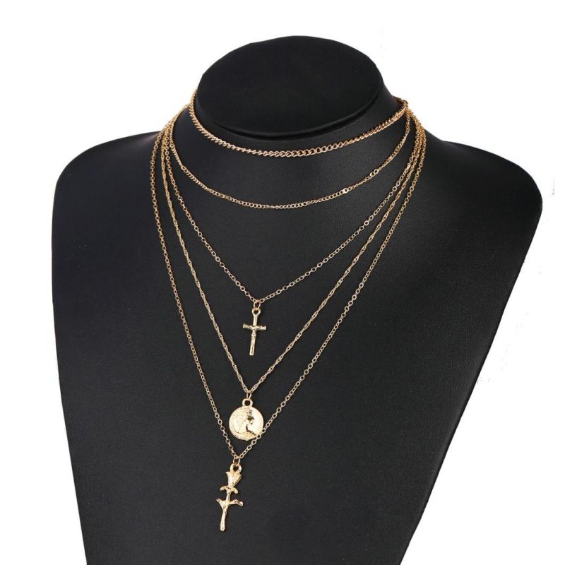 Cross-Border Creative Retro New Fashion Cross Rose Multilayer 5 Layer Necklace Women