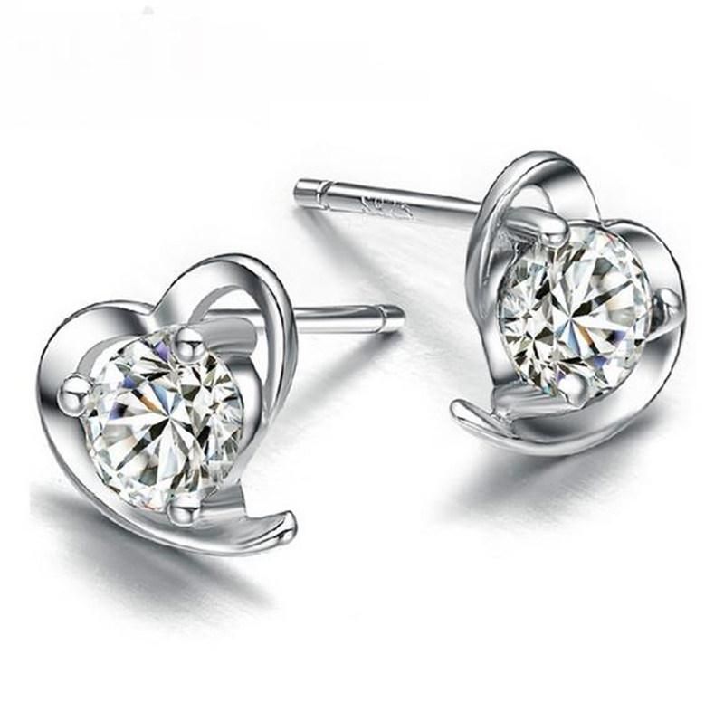 Fashion Jewelry Zircon Heart Stud Earrings 925 Sterling Silver Earrings