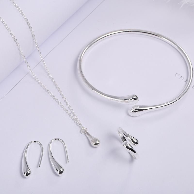 925 Sterling Silver Drop Bangles Necklace Rings Earrings Jewelry Set