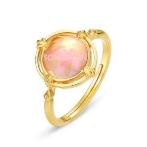 Custom Natural Pink Quartz Vermeil Jewelry S925 Silver Pink Crystal Gold Plated Adjustable Ring for Valentines&prime; Day