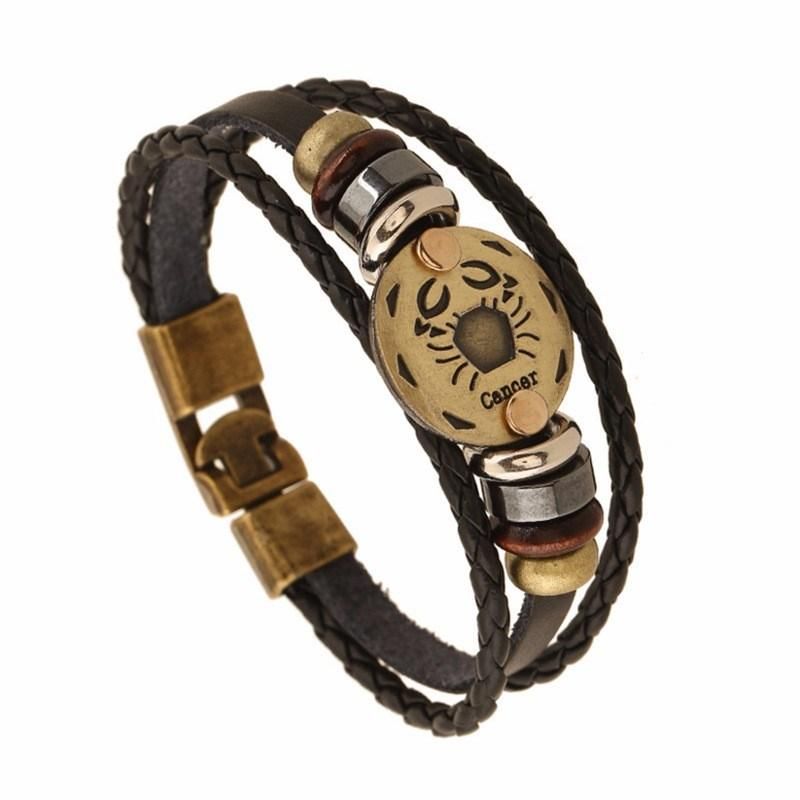 Bronze Alloy Buckles Zodiac Signs Punk Bracelets & Bangles Mens Leather Bracelets