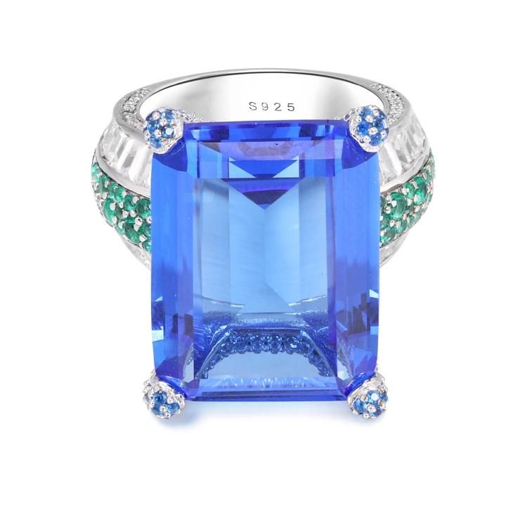 Sapphire Blue and Emerald Fancy Stone Silver Ring for Women
