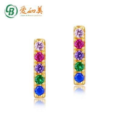 Hot Selling S925 Sterling Silver Rainbow Stud Earrings Simple Trendy Women Girls Gold Plated Multi Color CZ Bar Earrings