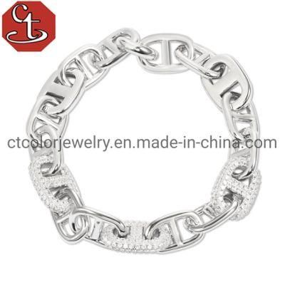 Heavy Mens silver brass fashion Jewelry white CZ Chain Silver Punk Pig mouse Plain link bracelet