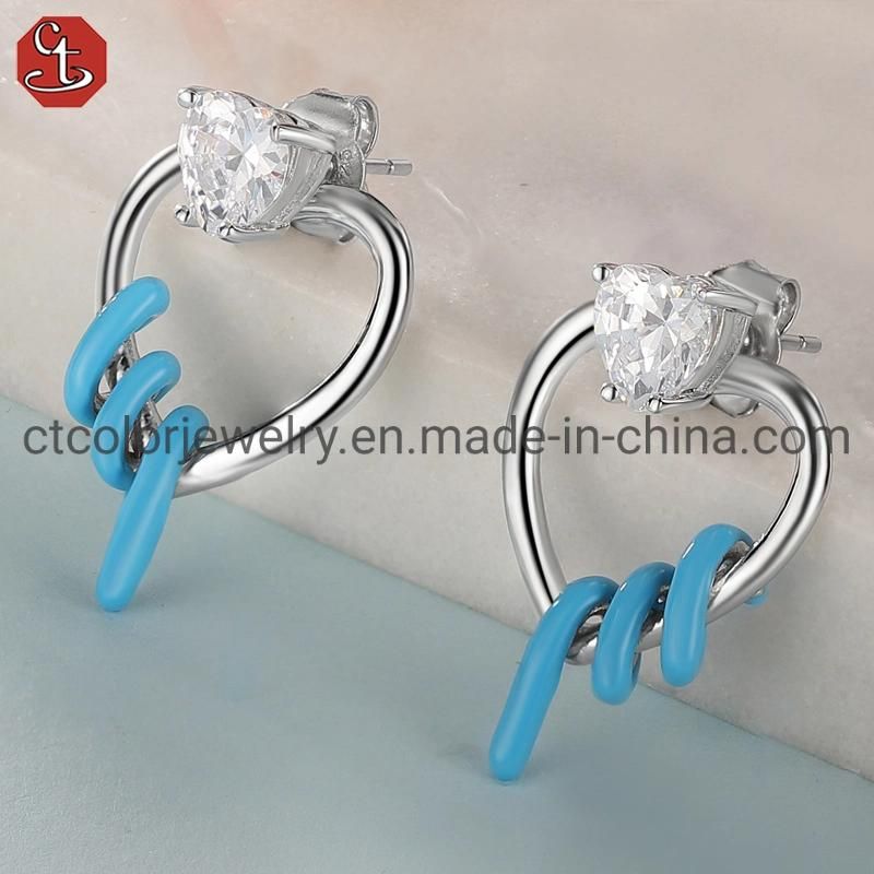 Fashion Jewelry 925 Sterling Silver CZ Color Enamel Heart Shaped Earring for Women