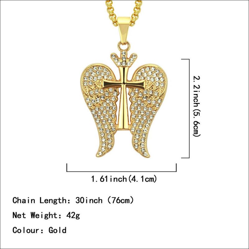 Fashion Mens Gold Angel Wings with Cross Shape Pendant Necklace