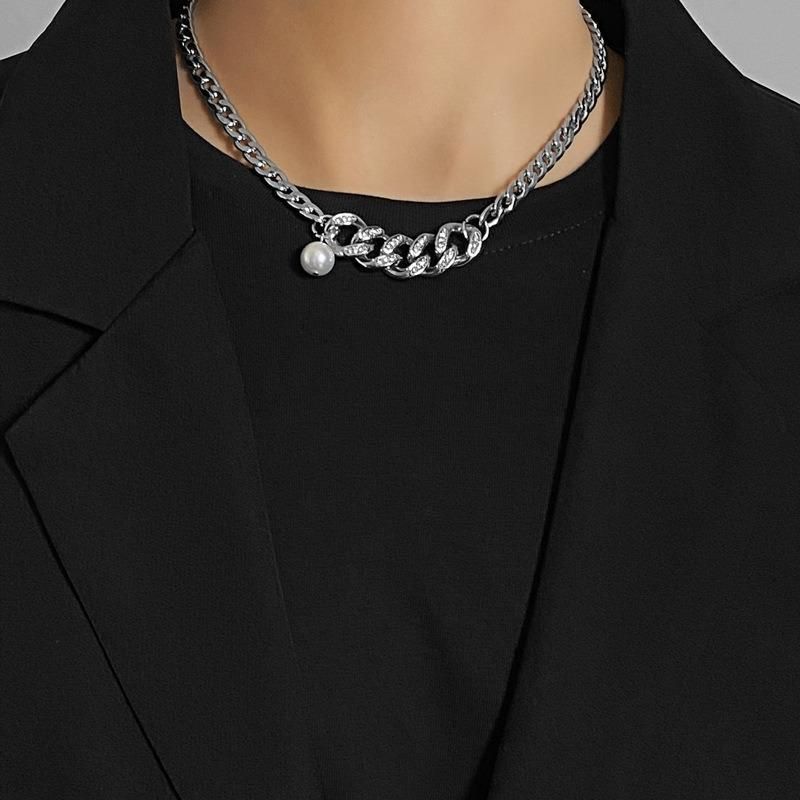 High Quality Stainless Steel Men Fashion Necklace Jewelry Cuban Diamond-Studded Pearl Stitching Hip-Hop Simple Couple Retro Necklace