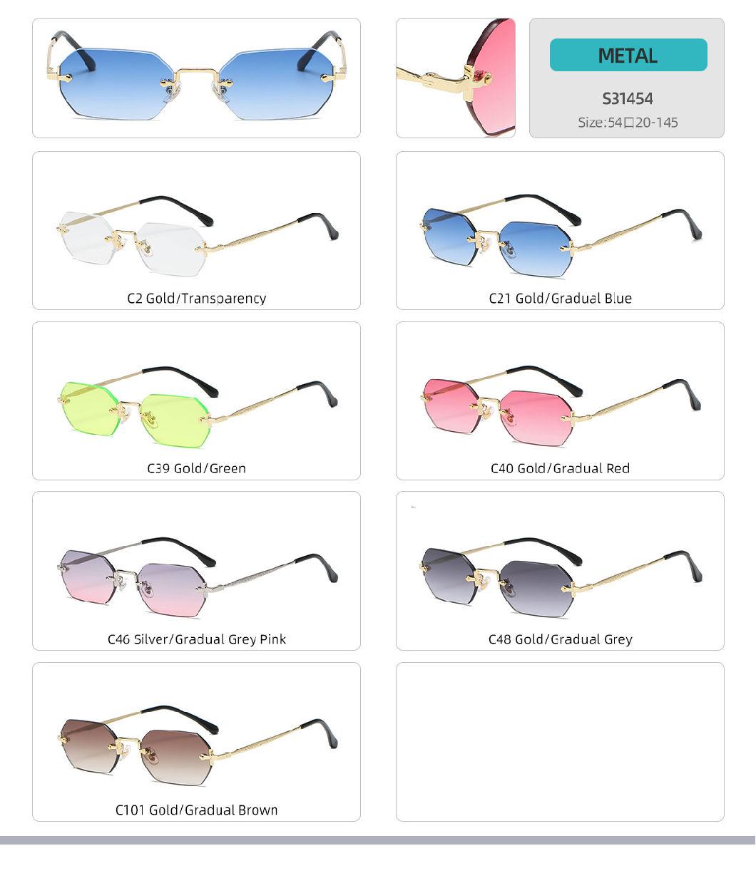 New Trendy Small Size Rectangle Frameless Sun Glasses Hot Sale Women Men Rimless Ocean Lens Metal Sunglasses