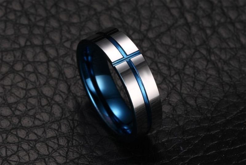 Boby Jewelry Ring 6mm Tungsten Steel IP Blue Groove Cross Ring Fashion Ring Jewelry Tst2871