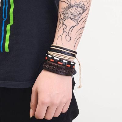Leather Braided Bracelets for Men Women Wrap Wood Beads Bracelet Woven Ethnic Tribal Rope Wristbands Bracelets Set Adjustable