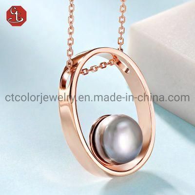 Fashion Rose Plated 925 Sterling Silver Freshwater Black Pearl Custom Oval Design Simple Pendant Necklaces
