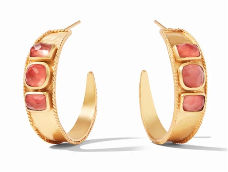 Europe Fashion Women Statement Hoop Ear Wholesale Earrings in Gold Plated with Black/Coral/Turquoise Acrylic/Resin Stones for Women Girls Fashion Jewelry
