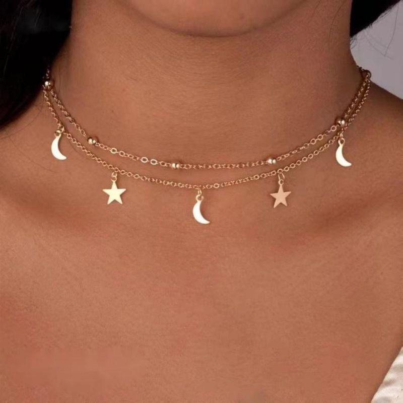 Factory 925 Sterling Silver Lucky Star Beads Layer Choker Lady Necklace Adjustable Double Chain Jewelry