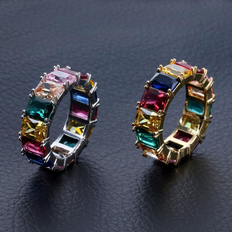 2022 Ins Hot Sale Hip Hop Jewelry Eternity Band Stacking Baguette Cubic Zirconia Brass Ring for Men Women