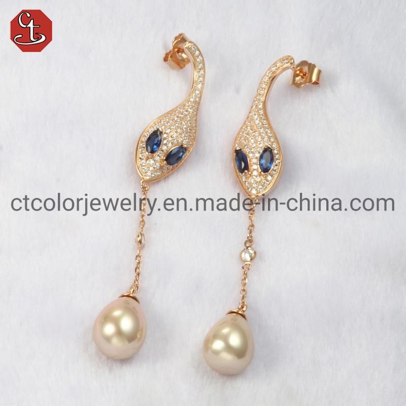925 Sterling Silver or Brass Fine Jewelry Blue Crystal Pearl Earrings for Women