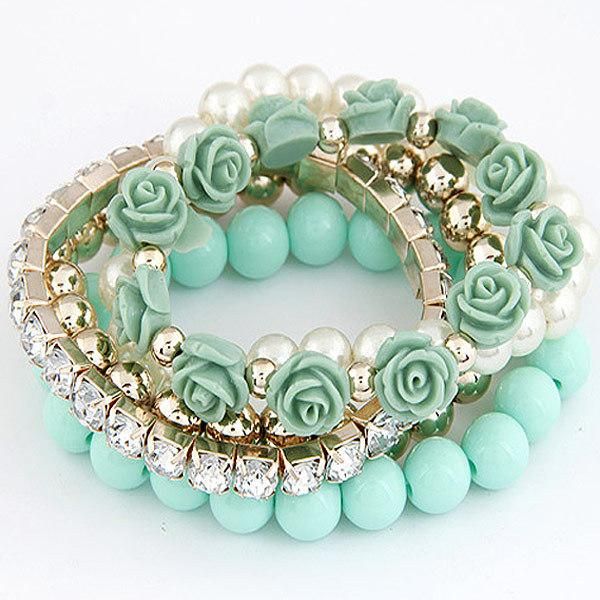 Fashion Jewelry Bohemian Ethnic Style Pearl Roses Multi-Layered Stretch Bracelet