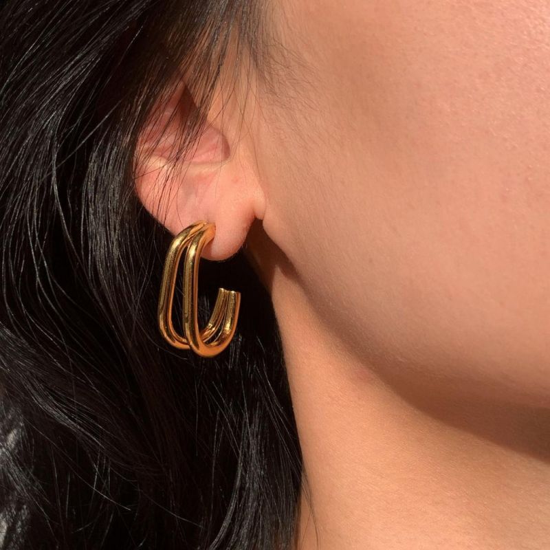 Factory Customized European and American Ins Net Red Same Earrings 18K Gold-Plated 316L Stainless Steel Double Geometry C-Ring Earrings Female Jewelry