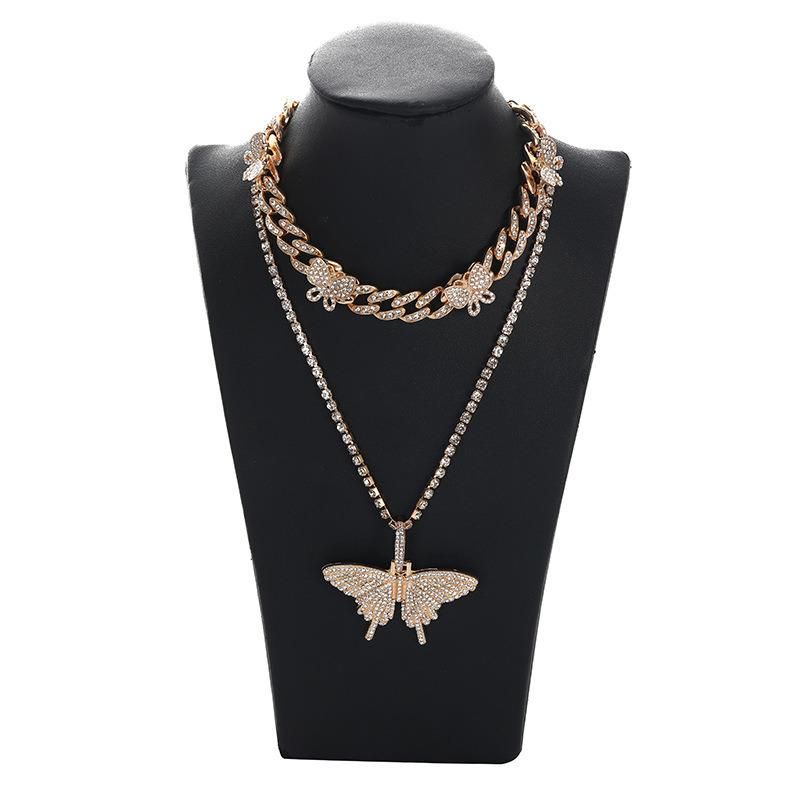 Big Butterfly Lock Pendant Multilayer Necklace Rhinestone Chain for Women