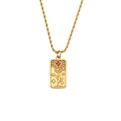 Factory Customized Fashion Rose Moon Carved Gold-Plated Stainless Steel Rectangular Pendant Simple Necklace Jewelry
