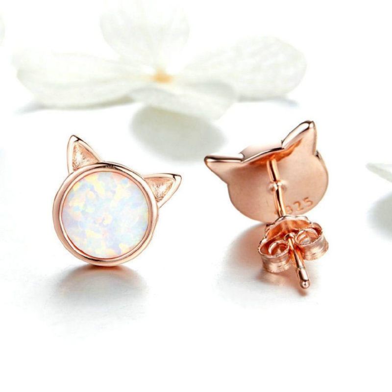 14K Gold Plated 925 Sterling Silver Cubic Zircon Opal Cat Stud Earrings for Women Girls