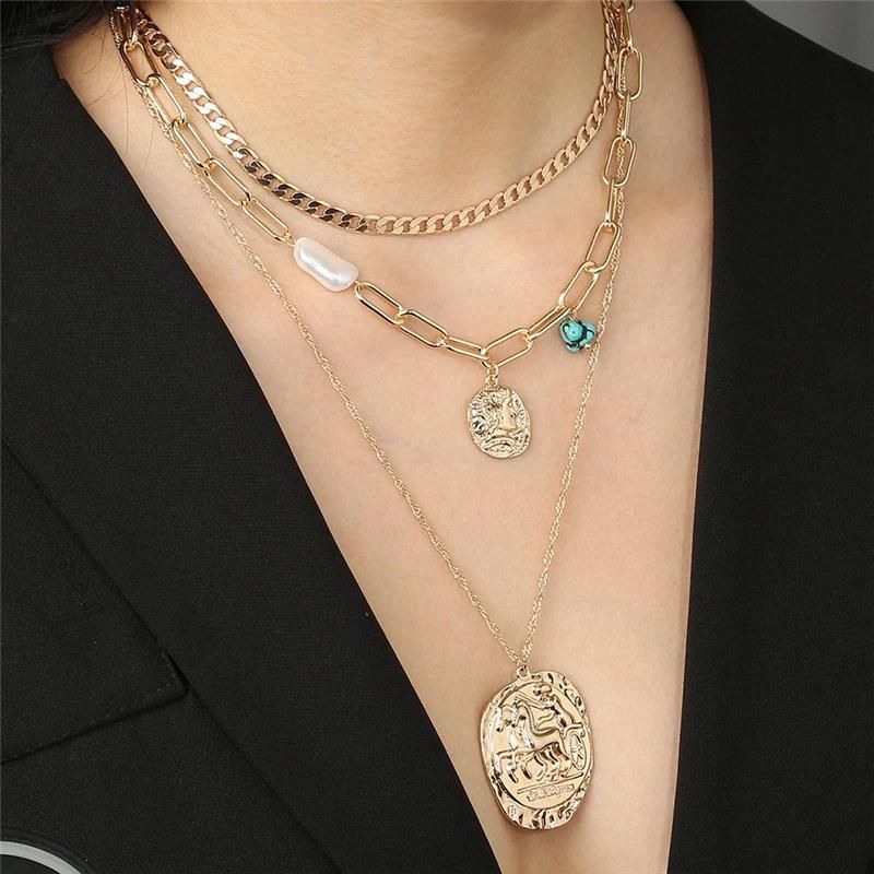 Wholesale Jewelry Multiple Rows Irregular Teardrop Semiprecious Head Coin Pendant Gold Plated Chain Choker Necklace for Women Fashion Accessories