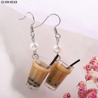 Wholesale Hand - Made Pearl Milk Tea Cup Bottle Girl Earrings Pendant