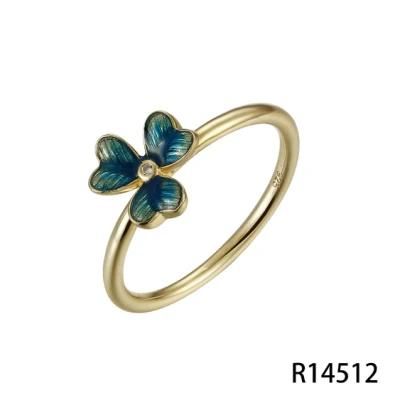 Young Girl&prime;s Lovely Green Clover 925 Silver Enamel Ring