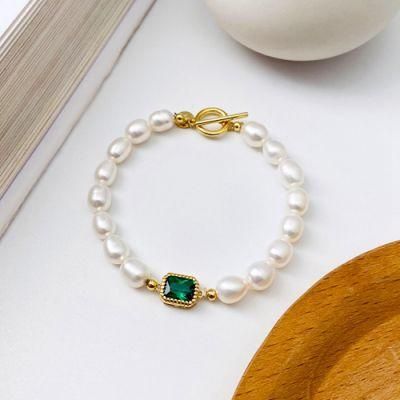 Excellent Quality Sterling Gemstone Big Bracelet Fashion Women Luxury Jewelry 925 Silver Green Zircon Pearl Bracelets 18K Gold
