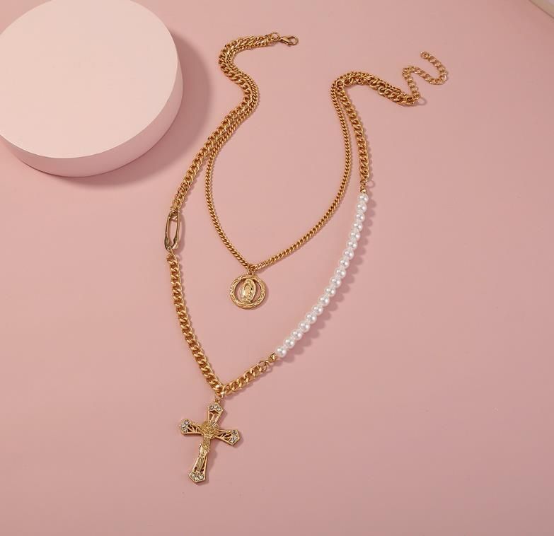 Personality Cross Portrait Pendant Double Cascade Wear Necklace Spliced Pearl Choker