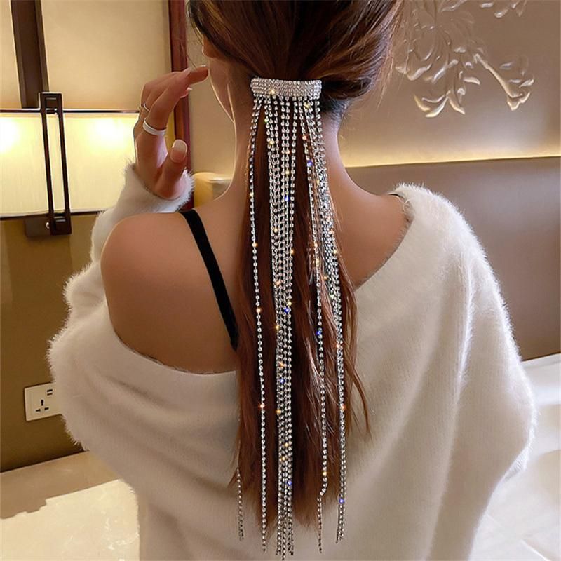 Women Long Tassel Wedding Hair Accessories Banquet Jewelry Full Rhinestone Hairpins