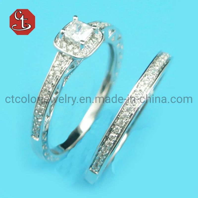 Rhodium 2PCS Bridal Ring Sets Romantic Proposal Wedding Rings Foe Women Trendy Round Stone Setting Wholesale